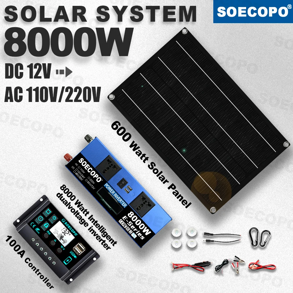 

SOECOPO 8000W Photovoltaic System, 12V to 110V/220V Inverter, 600W Panel, 100A Controller, for Off-Grid Home, RV & Camping