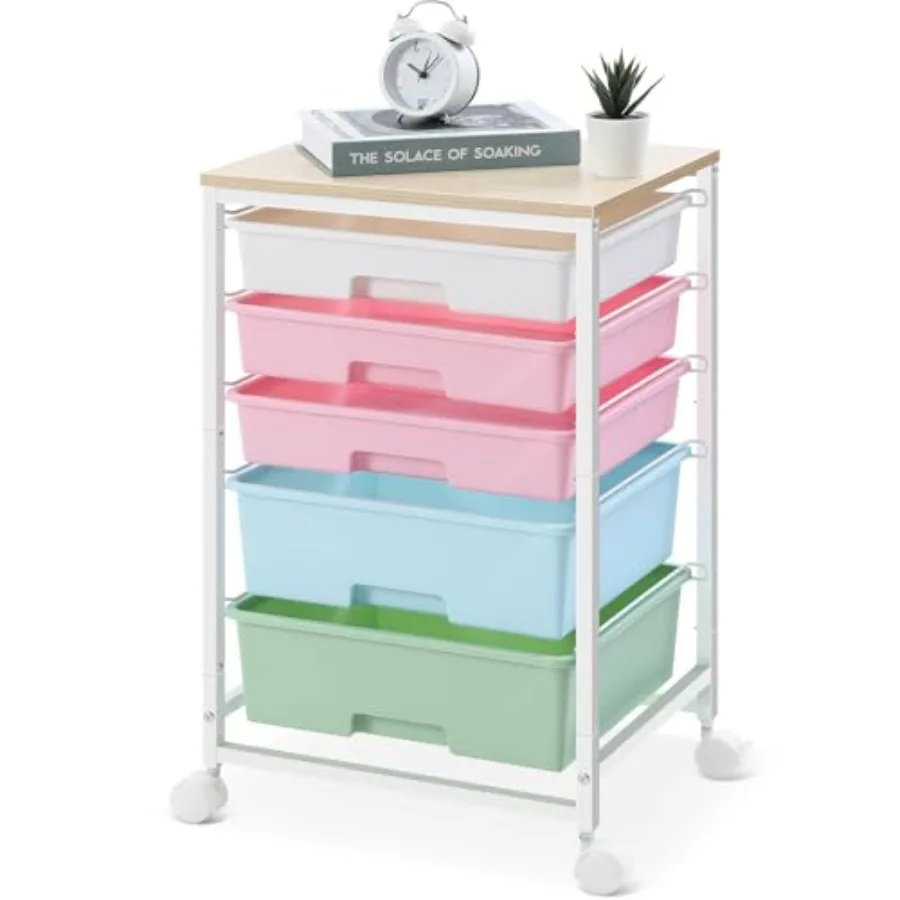 

Utility Cart with 5 DrawersStorage Drawer Cart with Wooden Tabletop and Lockable Wheels Craft Storage Trolley Cart 5-Tier Rolli