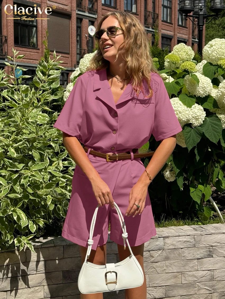 Clacive été ample rose 2 pièces ensemble pour femme 2025 mode chemise à manches courtes avec taille haute Shorts ensemble femme Streetwear