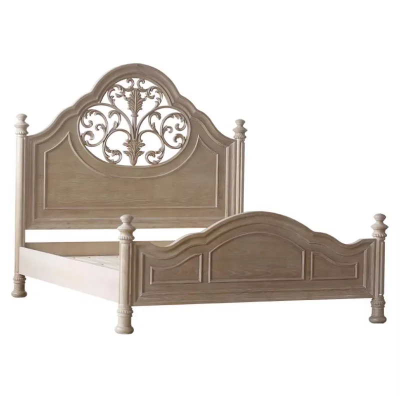 

Solid wood double bed modern simple master bedroom 1.5/1 meters French retro old carved bed