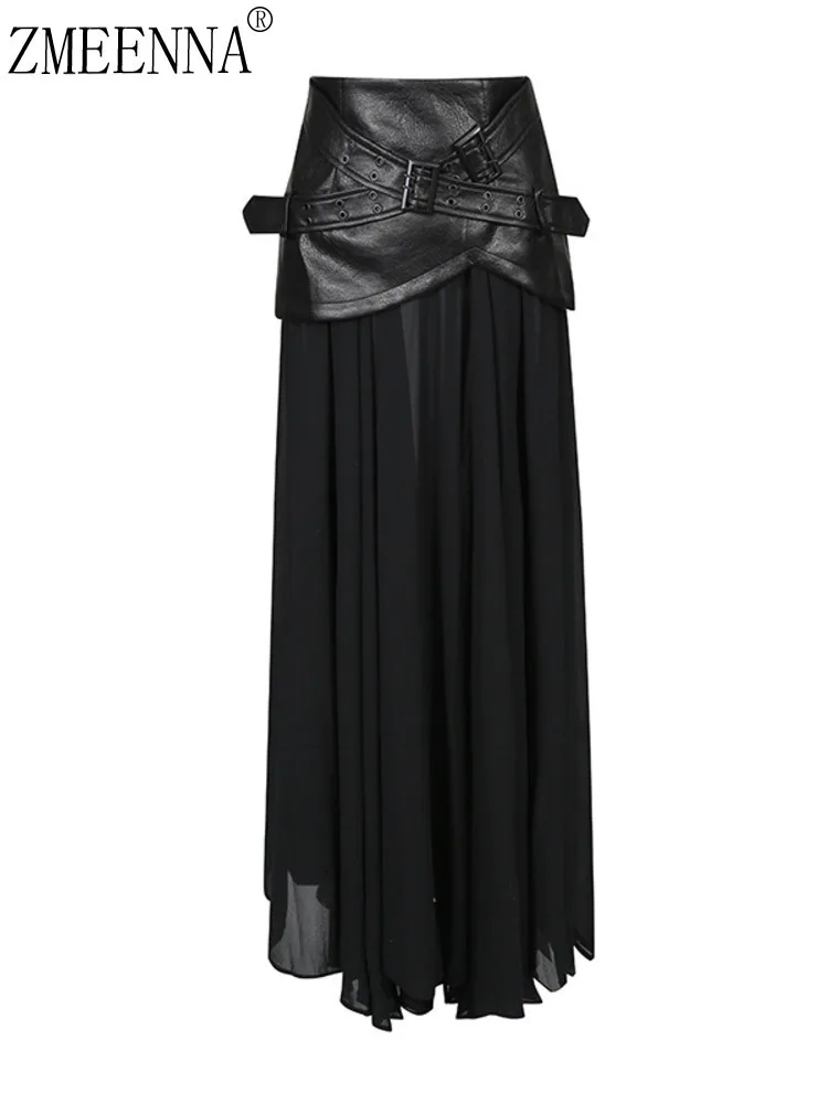 

ZMEENNA женский черный корсет из искусственной кожи макси-юбка с пряжкой на ремешке с высокой талией, длинный готический панк ZM4512