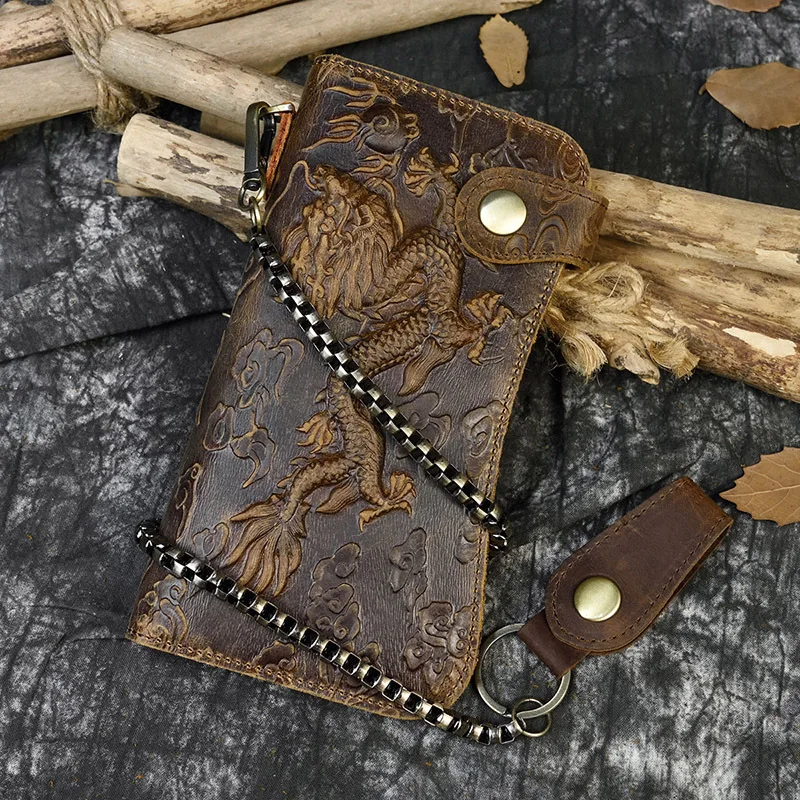 

Retro Crazy Horse Leather Handmade Male Long Designer Casual Chain Wallet Fashion Male Multi-layer Day Clutch Bag Purse Wallets