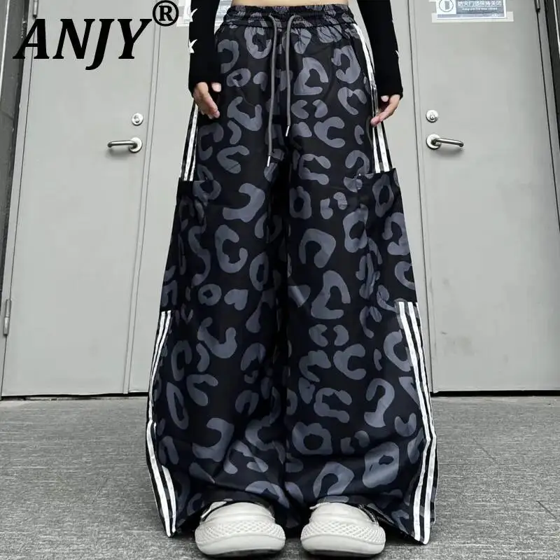 

ANJY Spring Autumn New Women Korean Style Chic Printed Large Pocket Design Straight Casual Pants Elastic Waist Streetwear A23282
