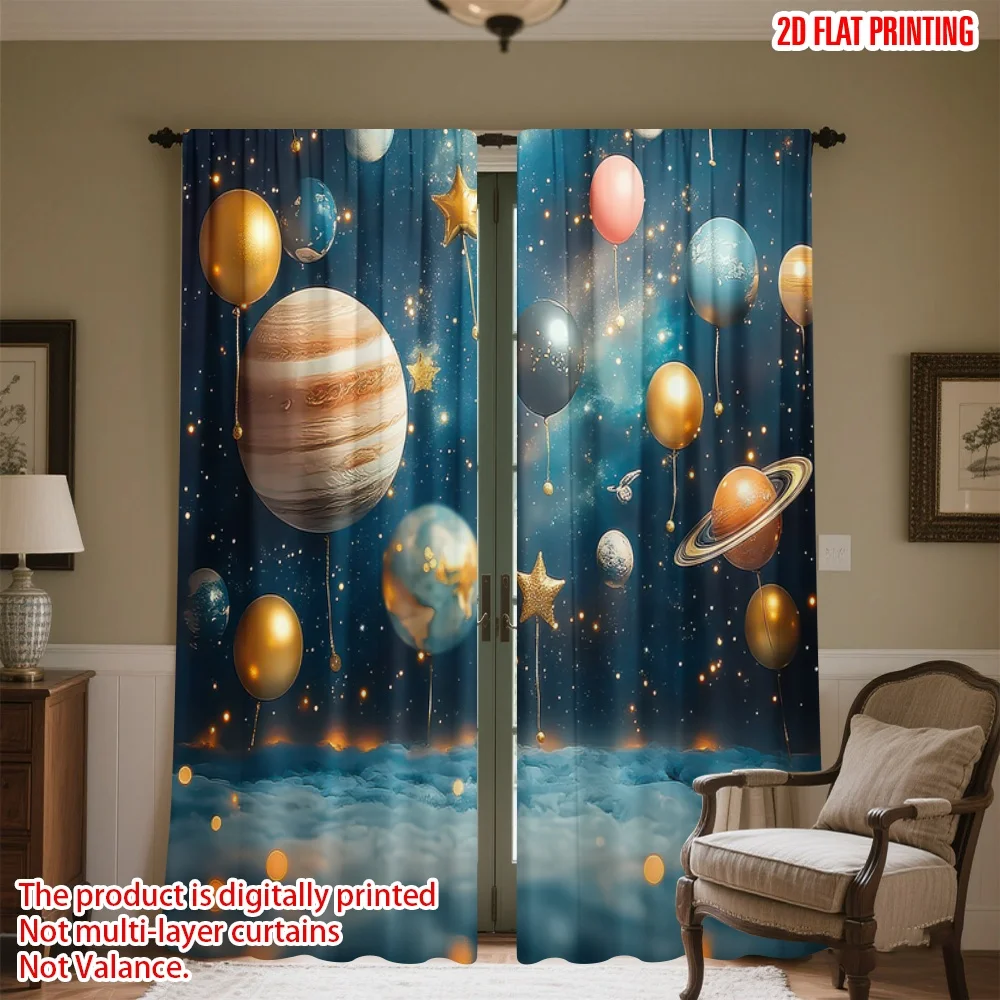 

2D flat printing 2pcs Curtain Space Balloons and Stars Digital Printed Polyester Drapes Festive Curtains for Room bedroom wall