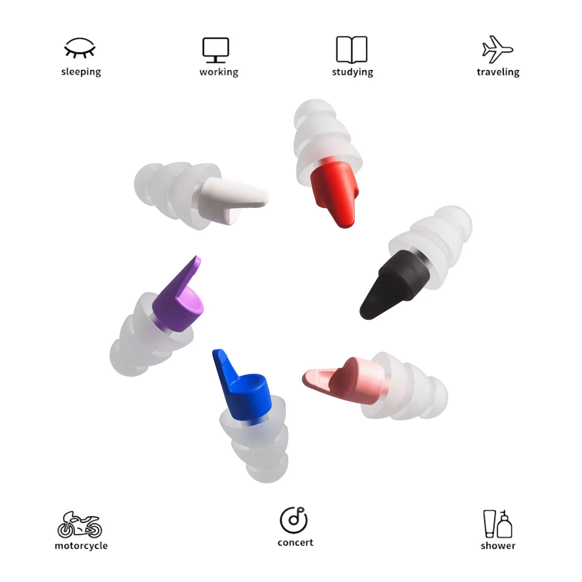 HUAK 3-Layer Reusable Silicone Earplugs Versatile Use for Swimming Sleeping Learning Concerts Motorcyclists