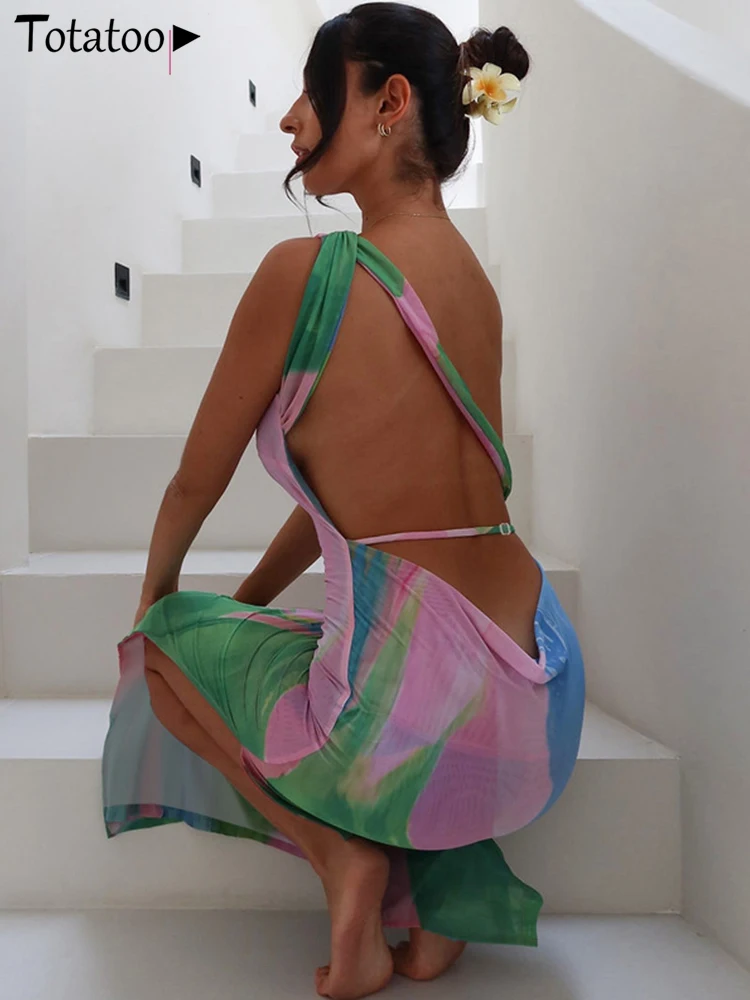 Totatoop Coloful Tie Dye Stampa Abito estivo per le donne 2024 Backless senza maniche Alta fasciatura divisa Abito lungo Beach Robe Ladies