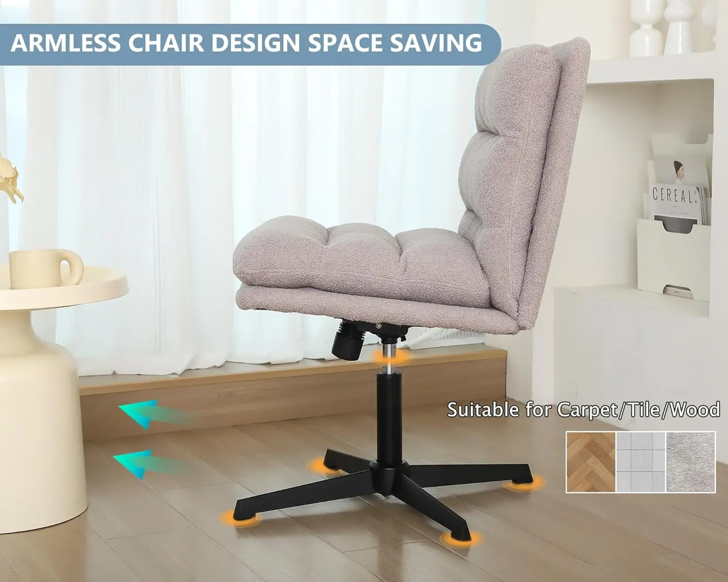 

Criss Cross Chair- -Small Armless Chair No Wheels, High Back Office Chairs With Thick Cushion, Adjustable Height 360° Swivel