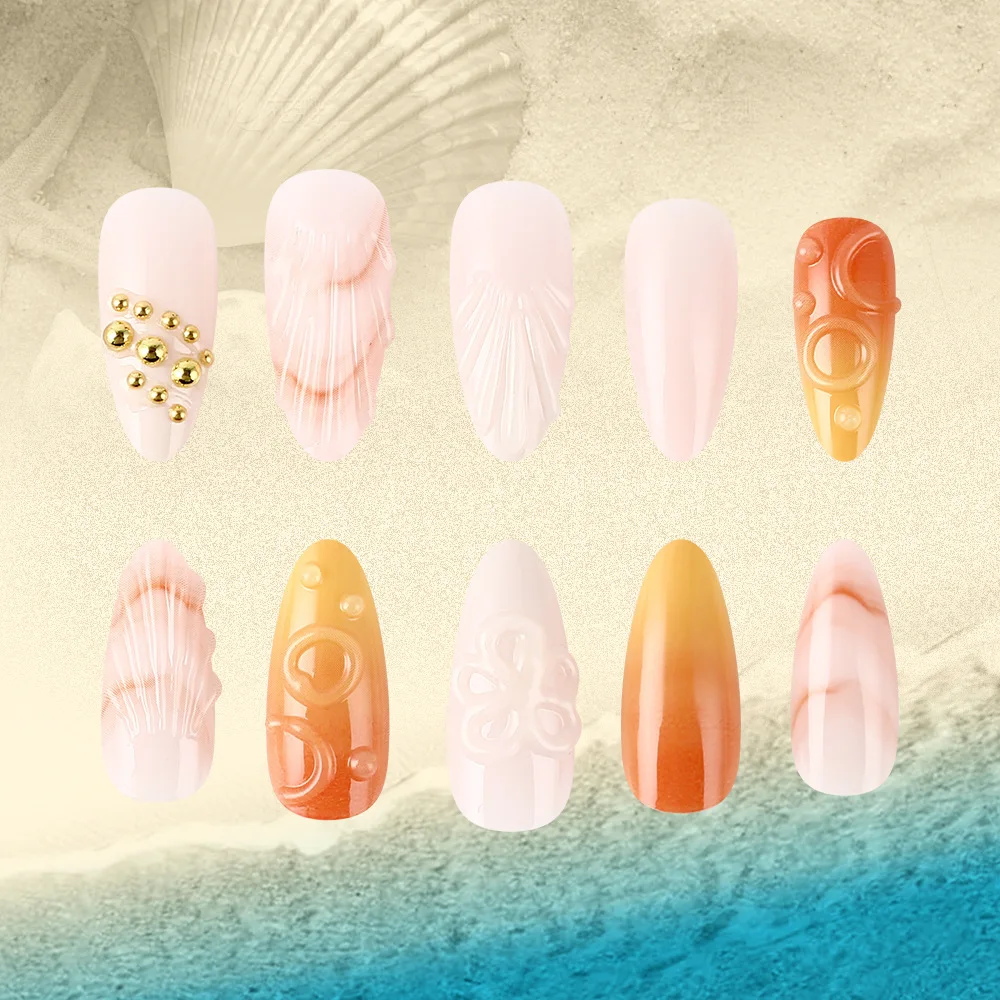 24 stks 3D Ocean Shell Serie Druk op Nagels Gradiënt Amandel Kunstnagels Wearable Volledige Dekking Europese Zoete Meisje Druk op Nagels