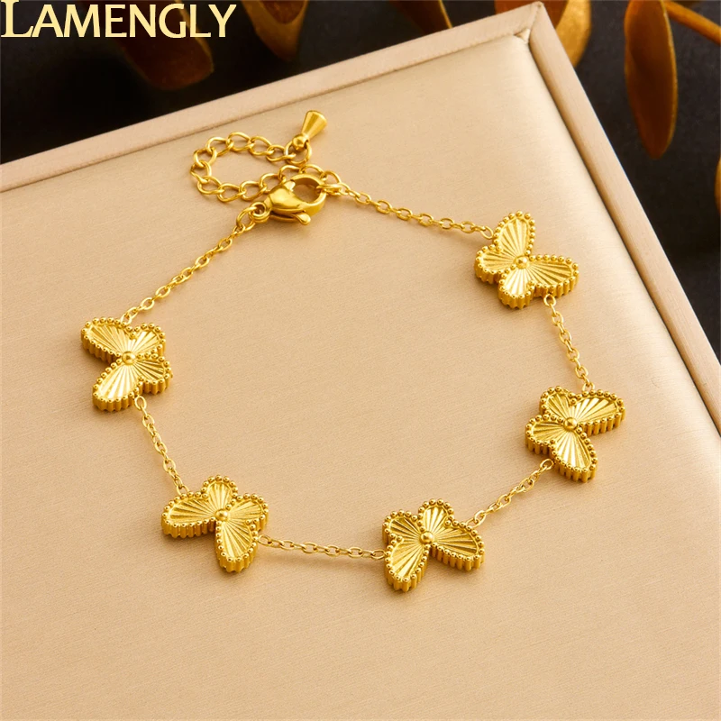 

LAMENGLY 316l Stainless Steel Temperament Fascinating Line Texture Insect Butterfly Bracelet Woman Non-Fading Wrist Chain Gift