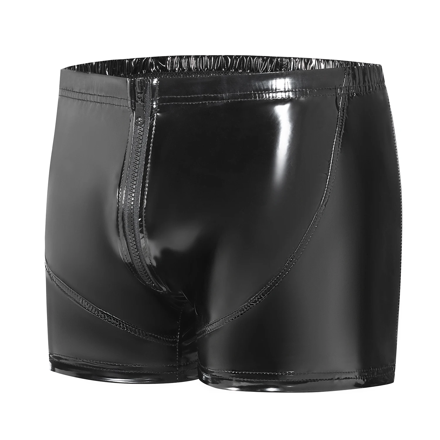 Mens Sexy Below Open Zipper Crotch Boxer Shiny Leather Underpants Elastic-wasit Male Short Latex Pants Bulge Pouch Crotchless