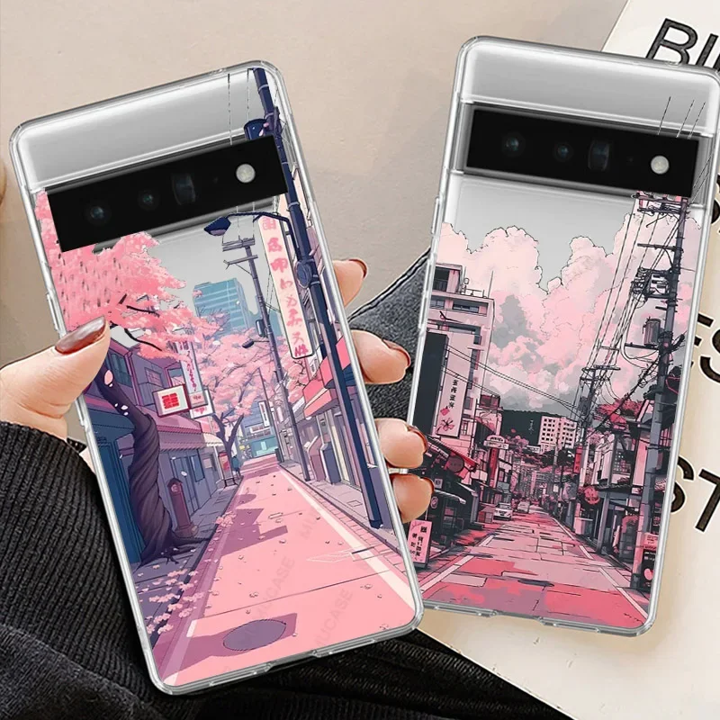 Japan Anime Street View Landscape Phone Case per Google Pixel 8A 8 7 Pro 6A 5G Scenery Pattern cover posteriore morbida trasparente Capa