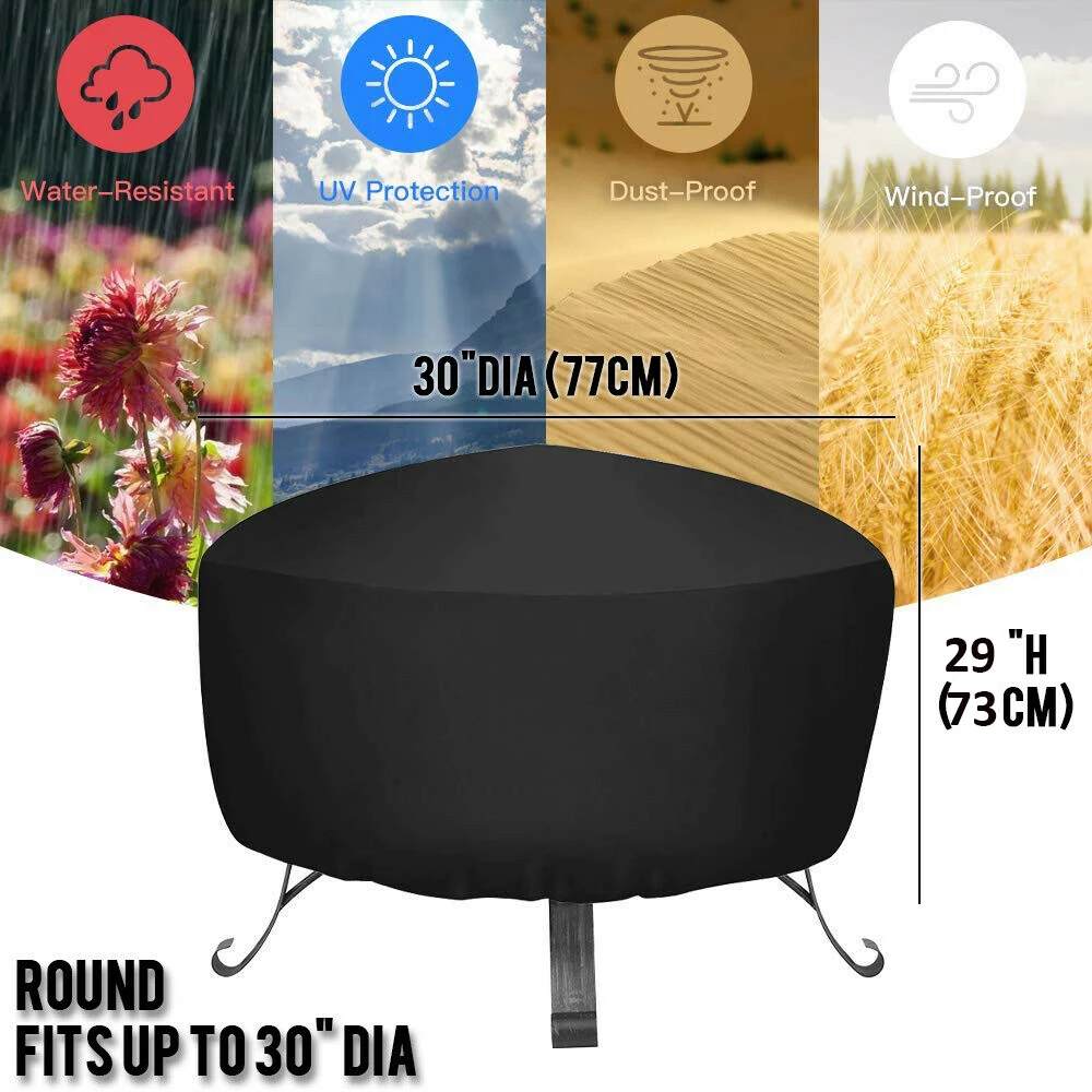 Waterproof Patio Fire Pit Cover Black UV Protector Grill BBQ Shelter Outdoor Garden Yard Round BBQ Cover Canopy Furniture Covers