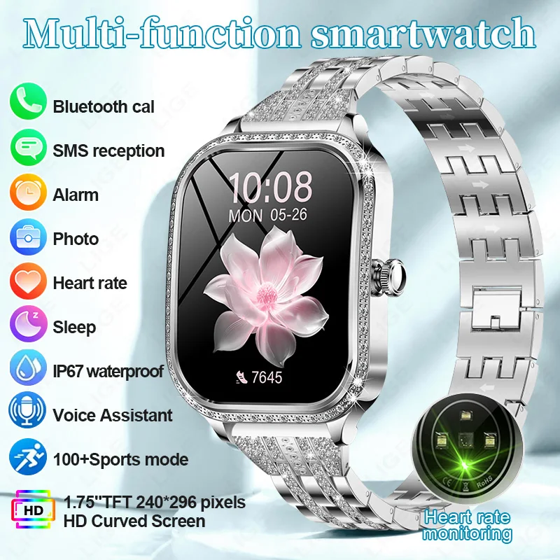 

LIGE Luxury Fashion Smart Watch Women 1.75" Curved Screen Heart Rate Fitness Bracelet IP68 Waterproof BT Call Clock Ladies Gift