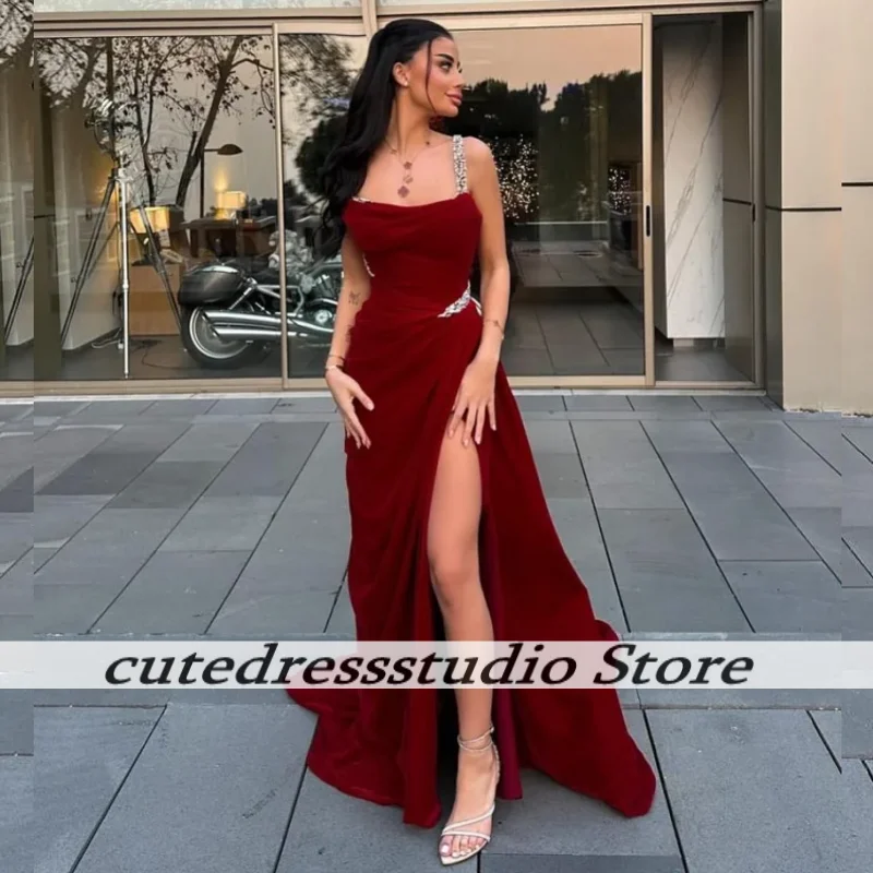 

High Slit Red Evening Dresses Spaghetti Strap Mermiad Wedding Party Dress Crstal Sequin Prom Gowns Sweet Train Customized