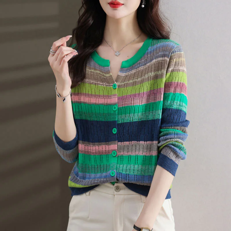 

2023 Autumn Winter Striped Button Knitted Cardigan Women's Chic Casual Button Woolen Sweater Female Knitwear