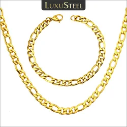 LUXUSTEEL Stainless Steel Figaro Necklace Bracelet Sets Women Men 7mm Big Width Long Chain Hiphop Jewelry Set Wholesale