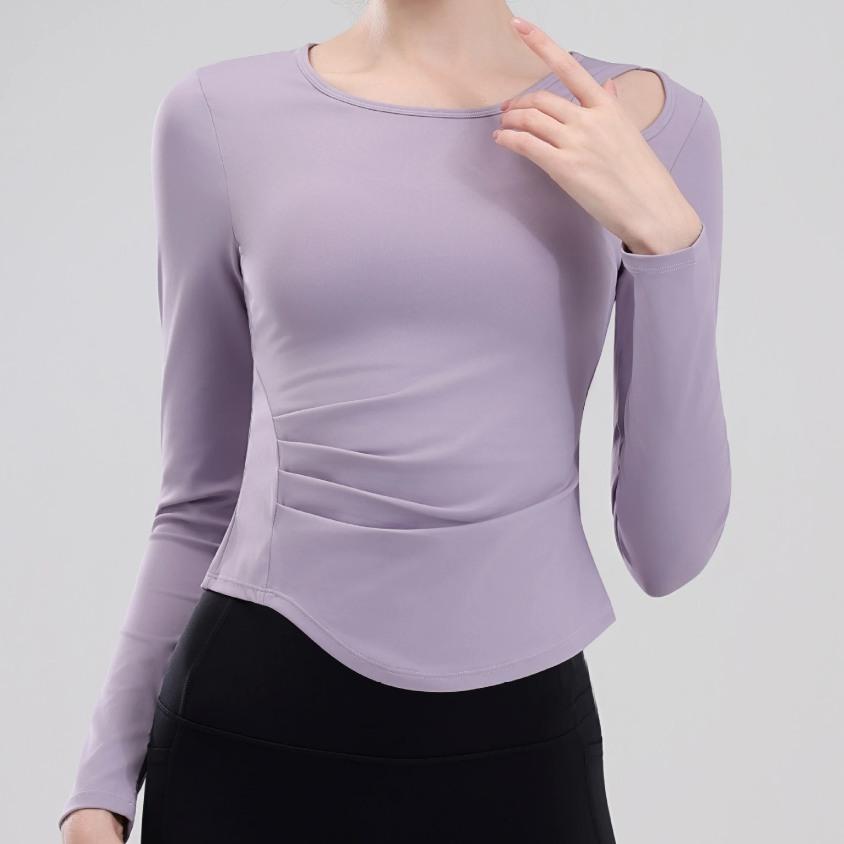 

Женская футболка для йоги с полыми плечами, плиссированная талия, тонкие спортивные топы с длинными рукавами, толстовки для тренировок в тренажерном зале, фитнесе, повседневные укороченные топы