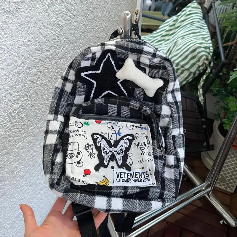 Miyagawa New Handmade Floral Butterfly Black and White Checkered Student Party Backpack Campus Backpacks