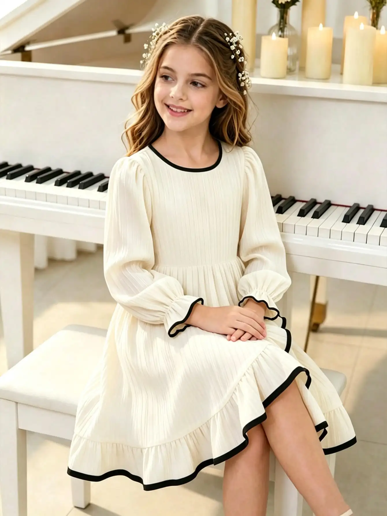 Mädchenkleid mit Rundhalsausschnitt, langen Ärmeln, tailliertem Schnitt, Schleife, gestreiftem Rock und Schlitz, Kinderbekleidung – Detail 3