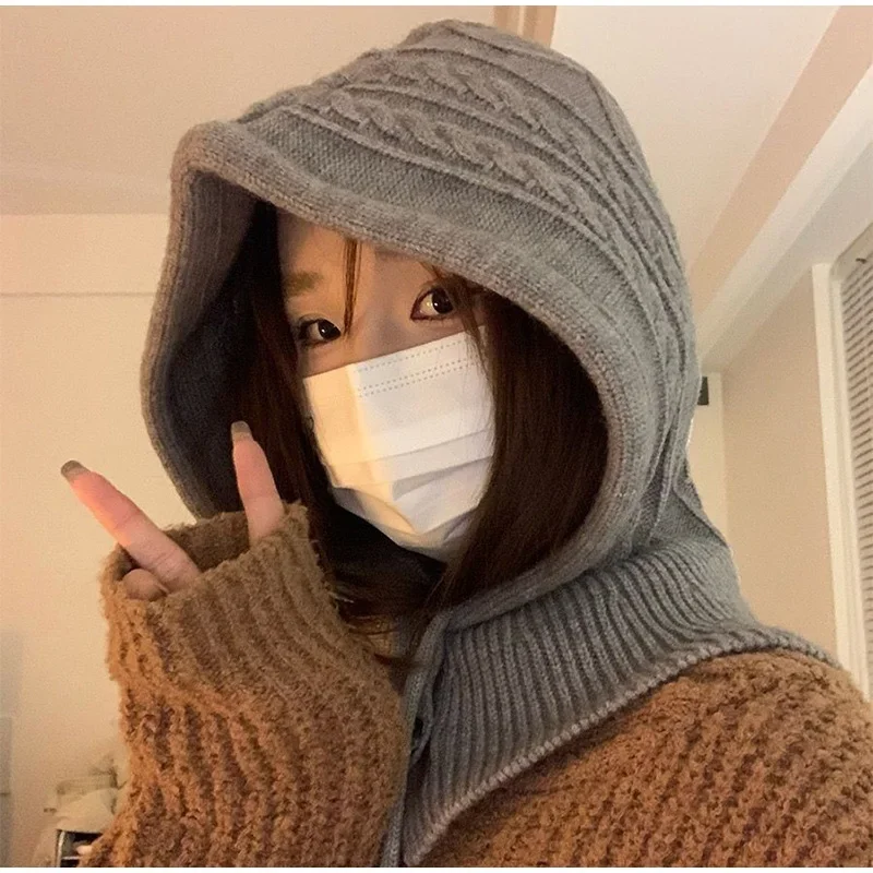 Balaclava Knitted Hat Winter Warm Thicken Imitation Cashmere Scarf Set Shawl Split Finger Gloves Wool Pullover Hat Accessories