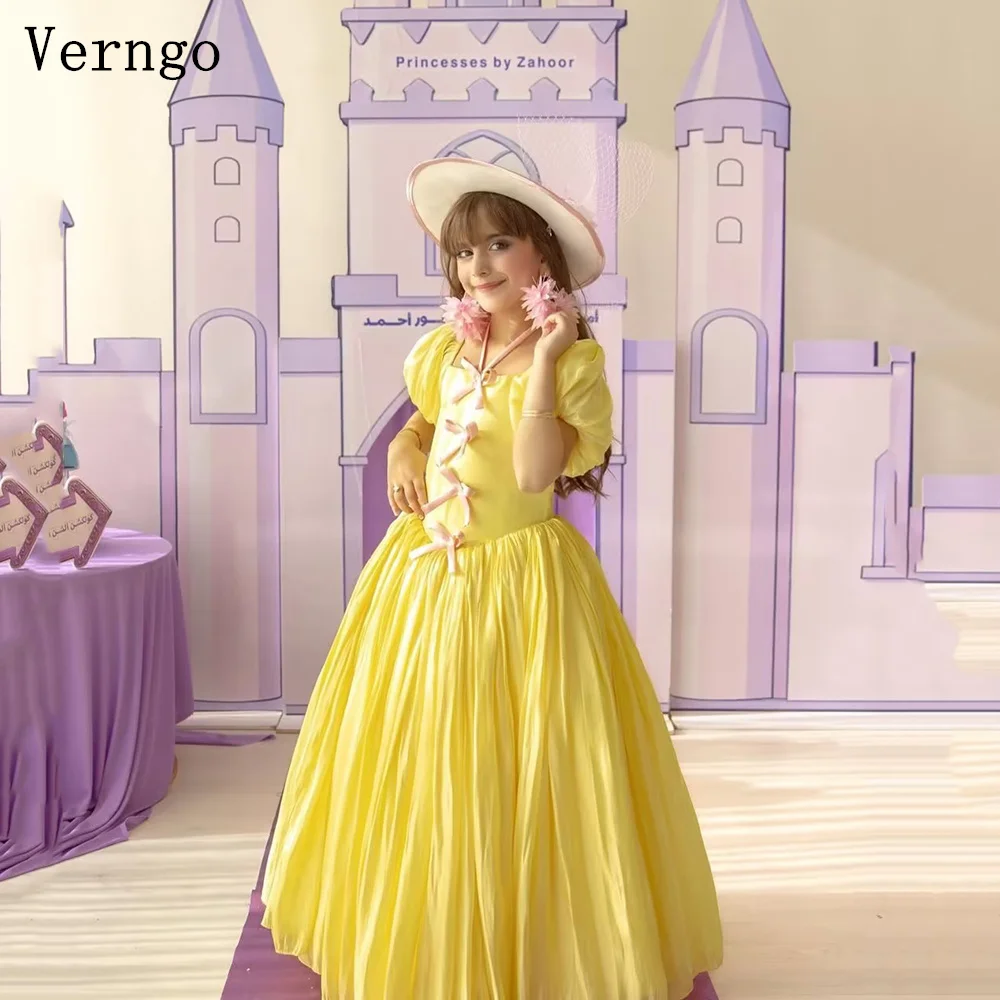 

Желтое атласное платье Verngo для девочек на день рождения, с квадратным воротником, короткими рукавами, А-силуэта, с цветочным узором, с бантом, праздничное платье принцессы, на заказ
