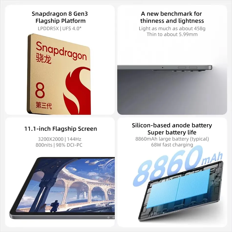 CN Rom Lenovo Xiaoxin Pad Pro GT 2025 Tablet 128 256 GB Snapdragon 8 Gen3 11.1' 144Hz 3.2K LCD Display 13MP 68W Charging 8860mAh