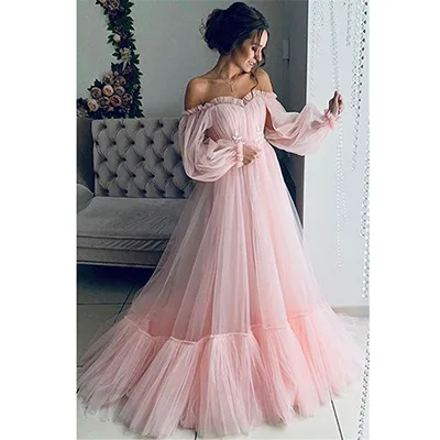 Women's one-word shoulder mesh long-sleeved wedding dress big swing dress