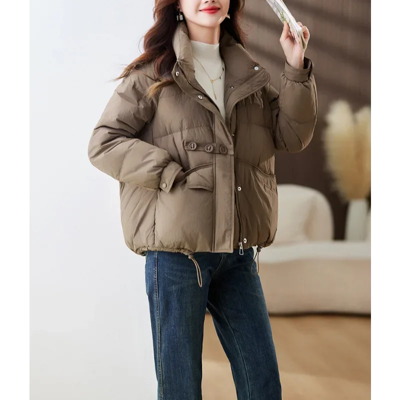 Women\'s Short Lightweight Padded Outerwear, Stand Collar, White Duck Bomber Coat, Warm Korean Puffer Winter Jacket, Autumn