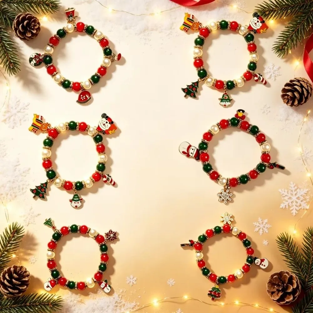 Santa Beaded Christmas Bracelet Christmas Tree Snowflake Charm Bracelet Santa Claus Red&Green Beaded Bracelet Women
