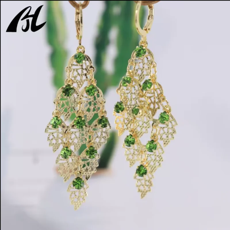 New Trend Hoop Jewelry 18k Gold Plated Long Tassel Hollow Metal Geometric Hollow out Leaf Earring