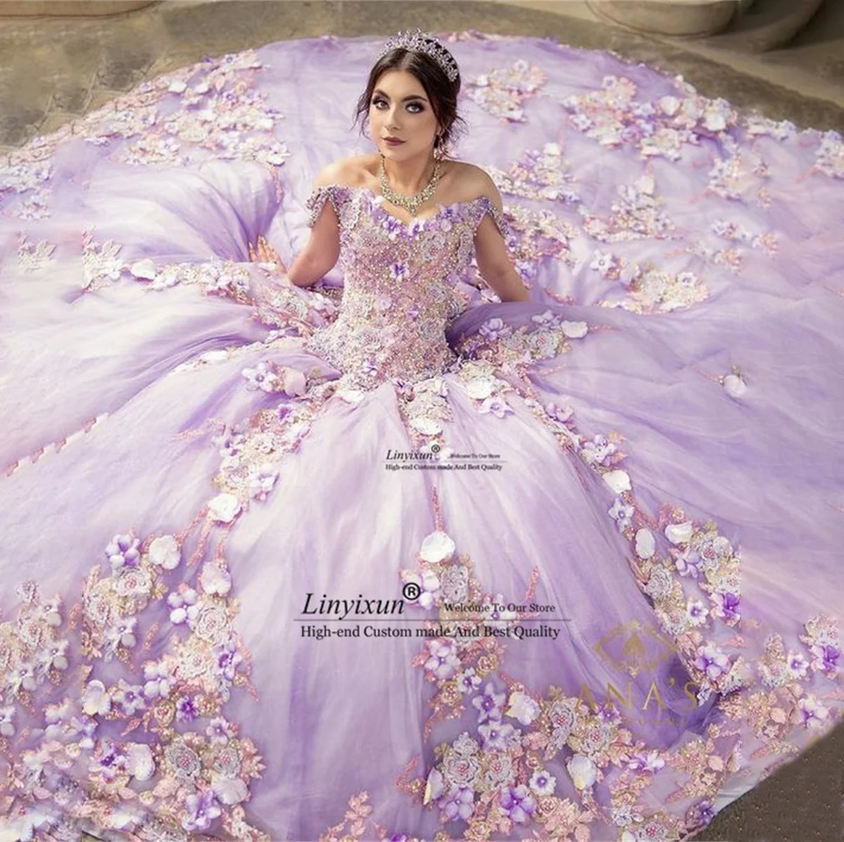 V-Neck Princess Purple Flower Quinceanera Dresses Ball Gown 2023 Sweet 16 Dress Beads Appliques Lace 15th Party Gown