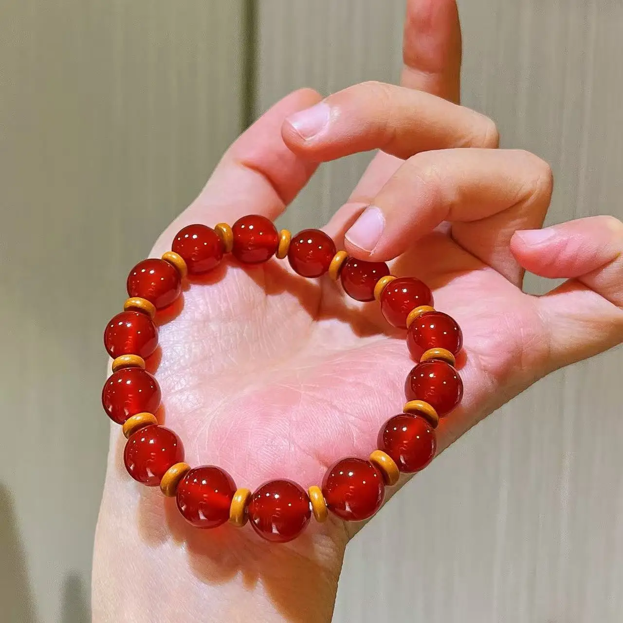 Pigeon Blood Red Carnelian Olive Slice Bracelet, 7A Grade Icy Translucent Gemstone, High-Luster Stretch Hand Chain for Her Gift