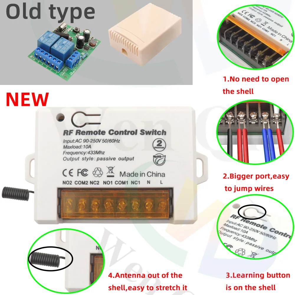 WenQia 110V 220V 240V RF drzwi garażowe pilot 433MHz bezprzewodowy przełącznik 10A 2CH moduł przekaźnika odbiorczego dla światła/bramy/DIY