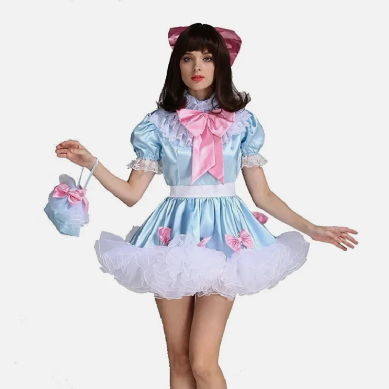 

Girl sexy maid blue satin lockable dress cosplay costume CD/TV customization