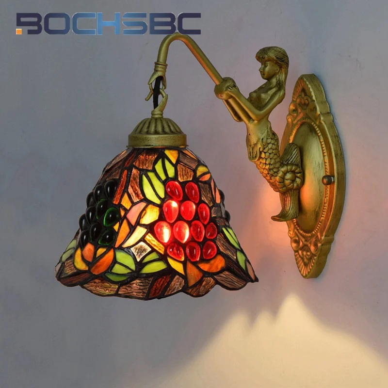 BOCHSBC Tiffany style Stained glass garden red grape sconce light wall lamp for the dining room bedroom bed corridor LED decor