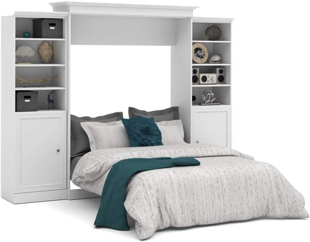 Versatile Queen Murphy Bed and 2 Closet Organizers with Doors (115W) in White, Sleeping Arrangement and Wardrobes