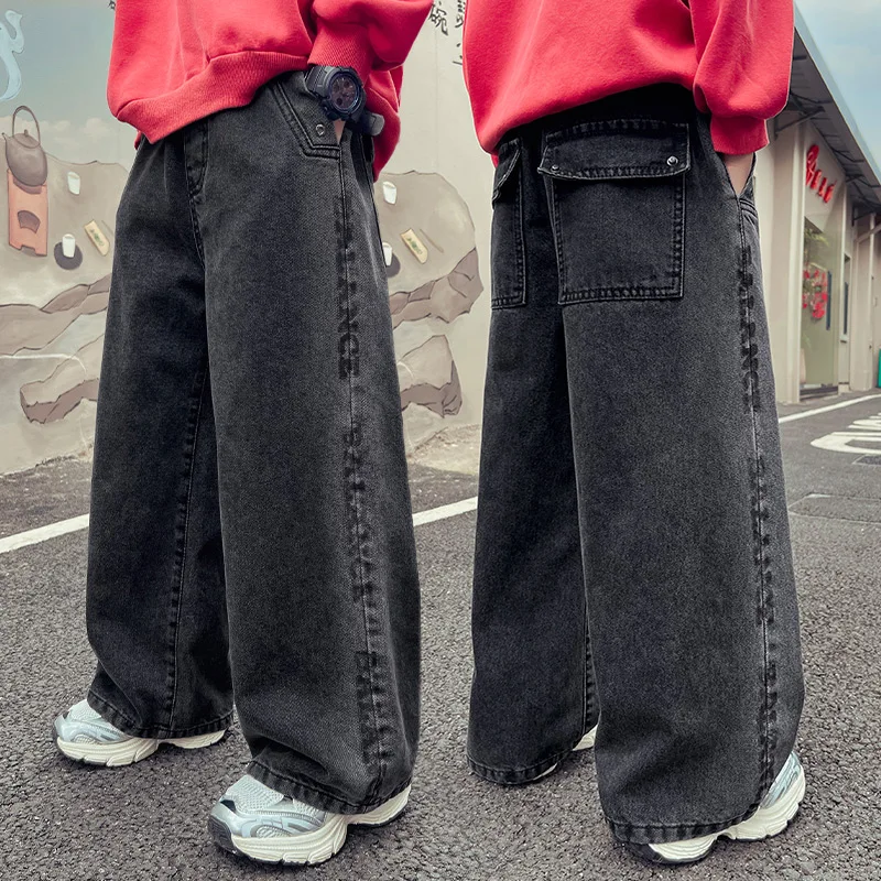 

New Fashion Kids Letter Design Child High-Waisted Jeans Trousers for Boys y2k Leisure Style Casual Black Denim Pants Age 5 to 14