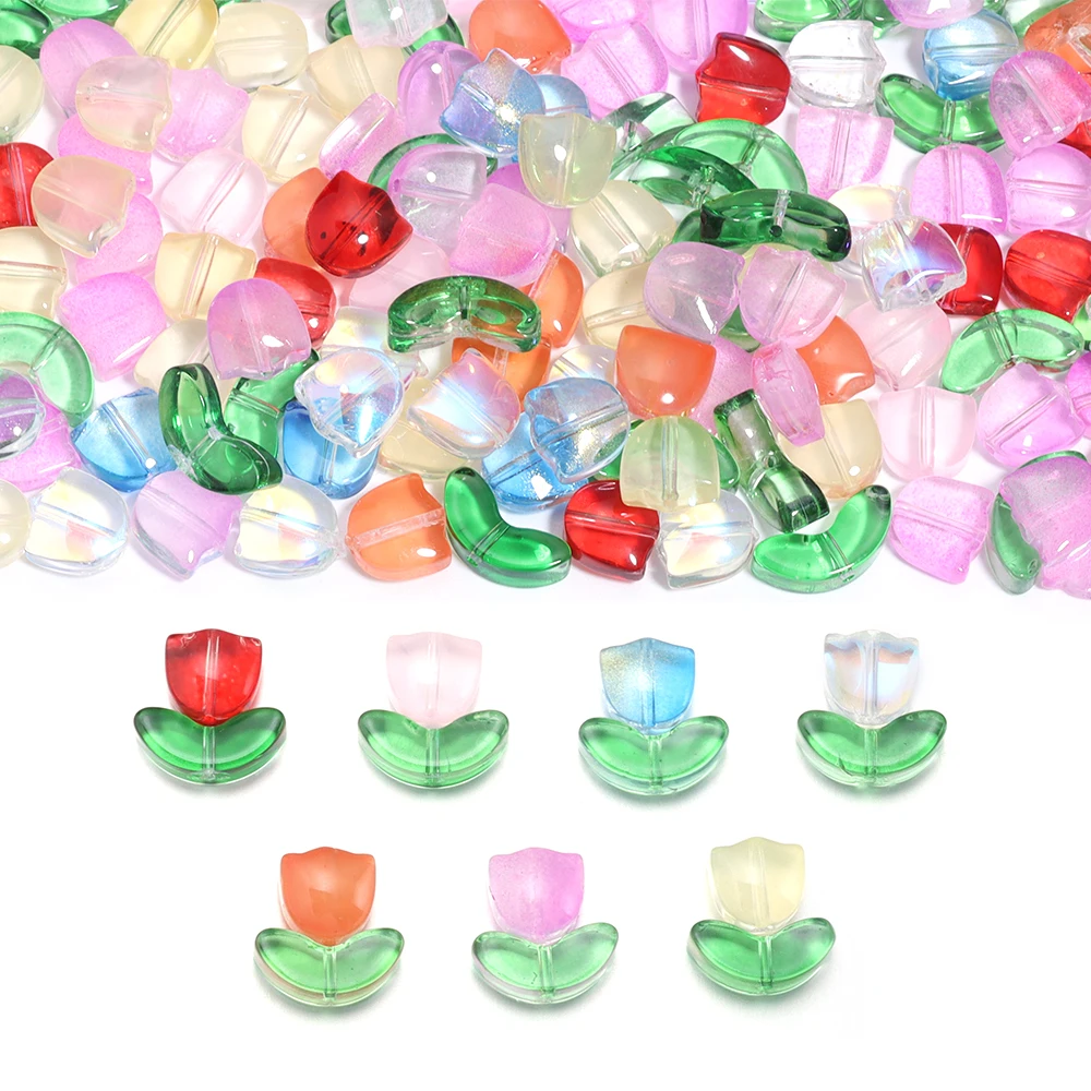 50 Stück Tulpenblüten-Lampwork-Perlen, bunte Blatt-Glasperlen für die Schmuckherstellung, DIY-Armbänder, Halsketten, Ohrringe, Zubehör