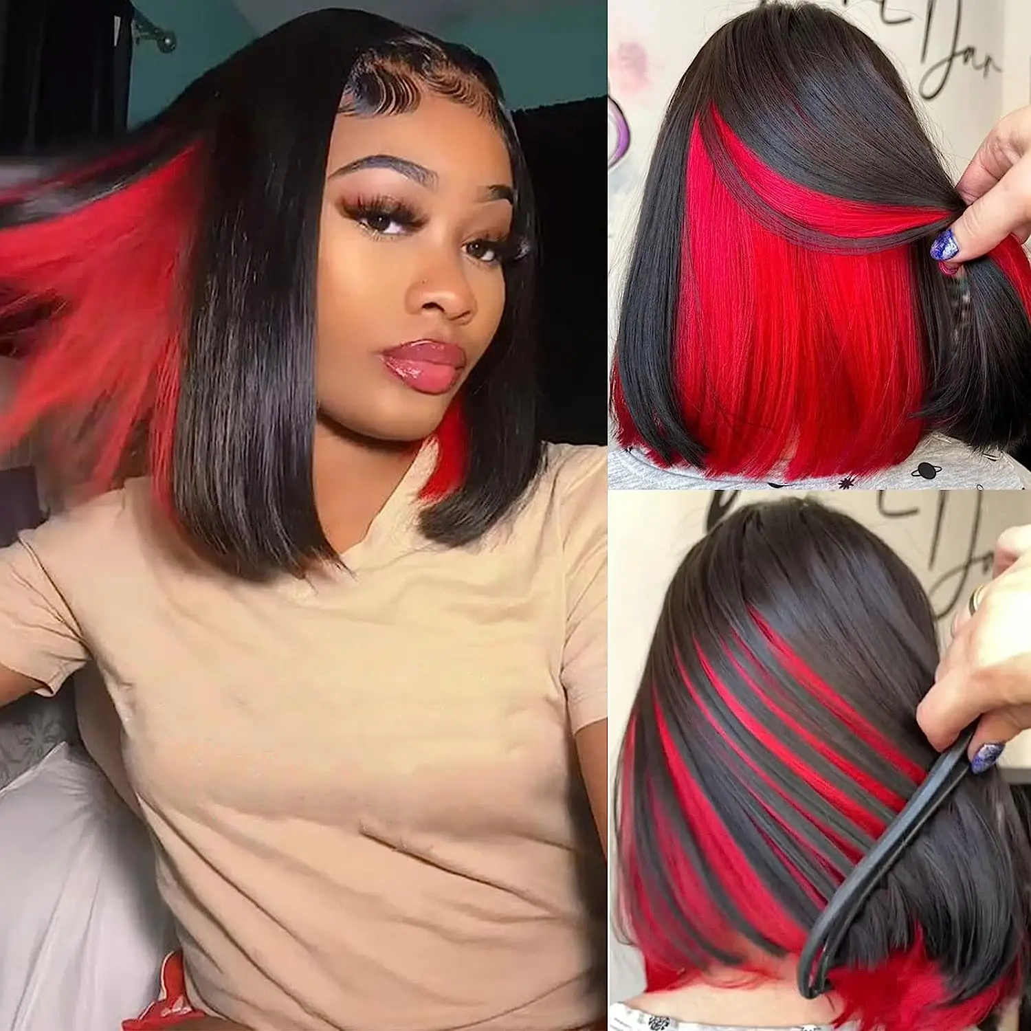 Bob Wigs for Women Red Peekaboo Wig Synthetic Hair Straight Bob Wig Shoulder Length Black with Red Highlights Wig Blunt Cut Bob