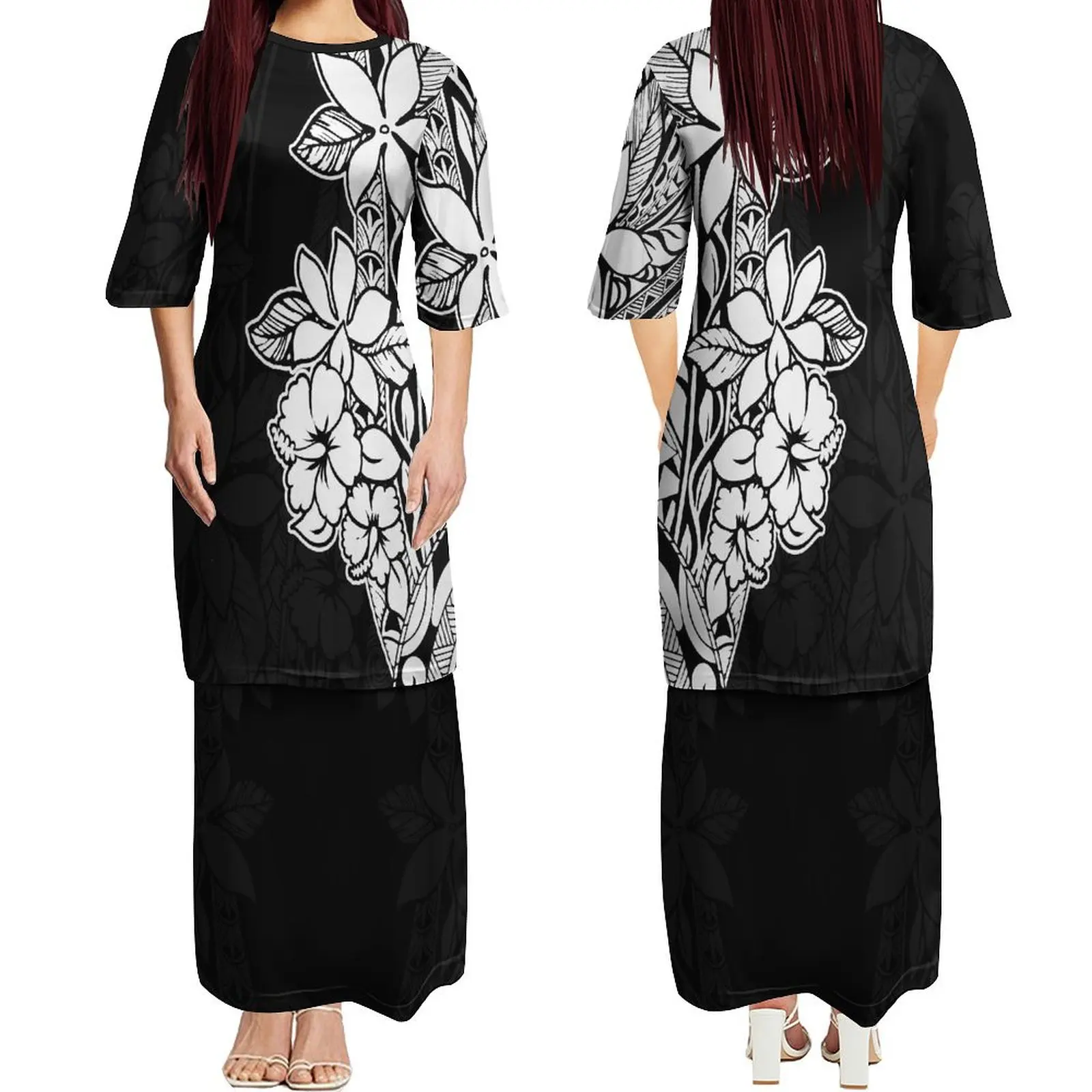 Vestido de meia manga com decote em O feminino, Design Estampado Polinésio, Samoa Vestuário, Dupla Camada, Vestidos Havaianos