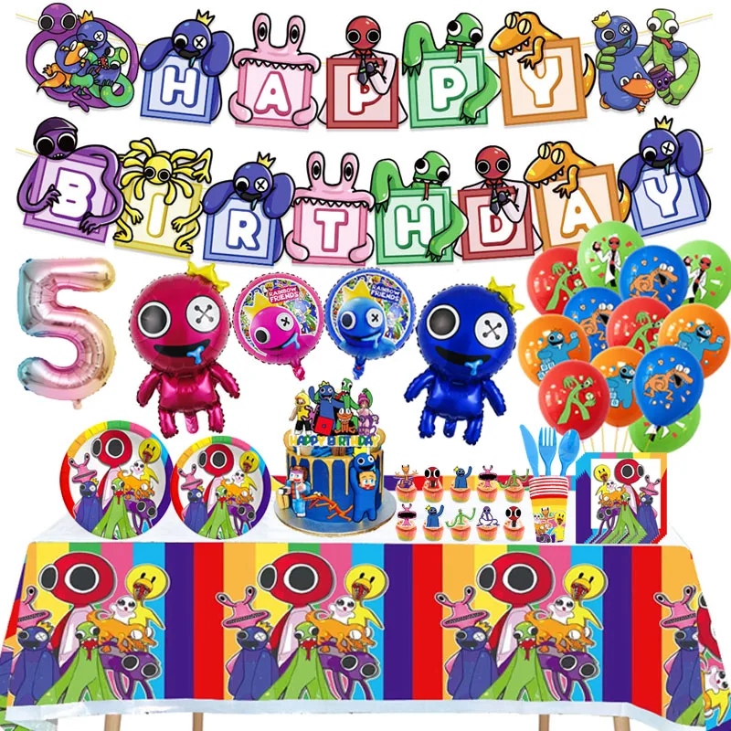 Rainbow Friends Theme Game Birthday Party Balloon Set Decoration Disposable Tableware Plates Tablecloth For Kids Party Supplies