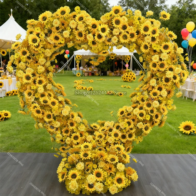 

Желтая серия, искусственный подсолнух в форме сердца, цветочная композиция, декор, свадебный фон, арки, реквизит для мероприятий, витрина