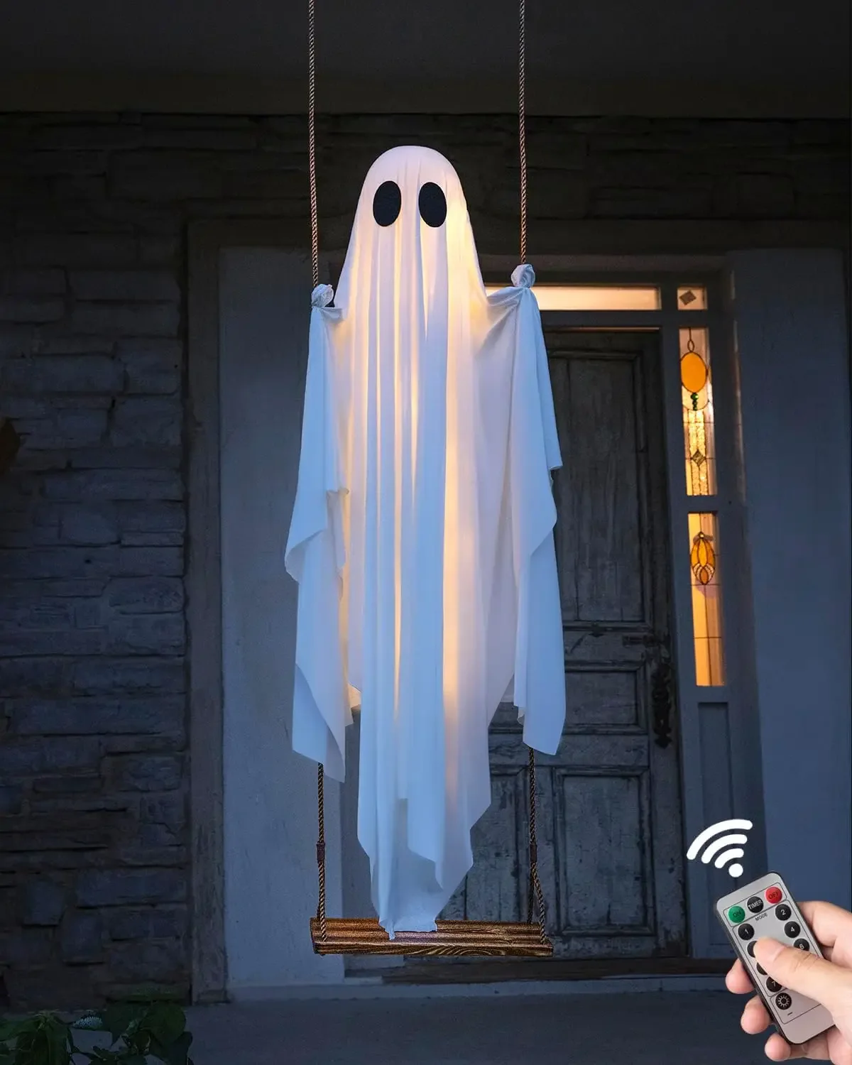 5 FT Large Hanging Swing Ghost Halloween Outdoor Decor with String Lights-Spooky Cute Ghosts Decor for Front Porch Yard Tree