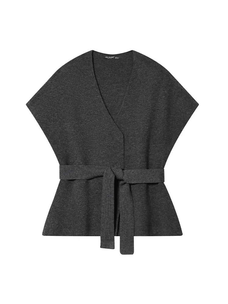 HH المرأة تنورة دعوى موضة الخامس الرقبة قصيرة الأكمام المخفية زر حزام الديكور محبوك سترة قصيرة مرونة الخصر ميدي تنورة