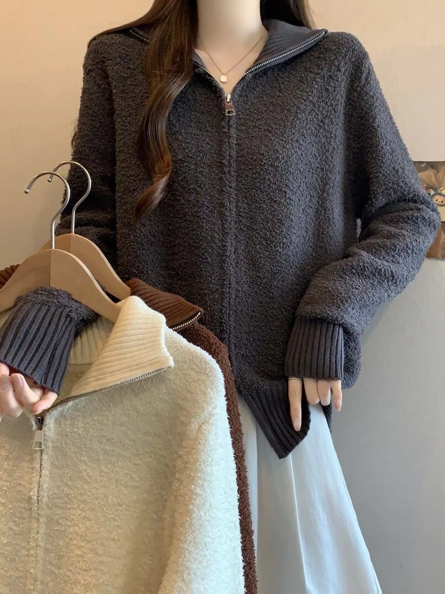 

plus Size Women's Knitted Long Sleeve Lamb Fur Sweatshirt Half High Collar Autumn Winter Fashion Slimming Versatile Design Kn...