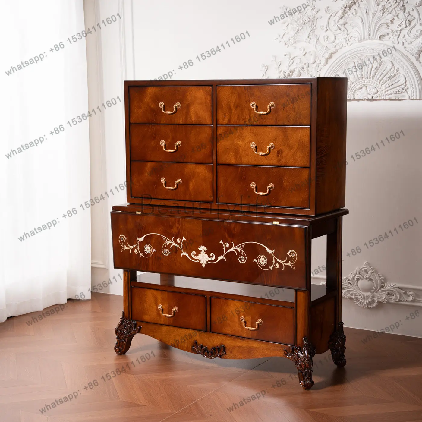 HOT American mahogany core wood snail storage cabinet multi-drawer folding storage makeup table dresser high-end