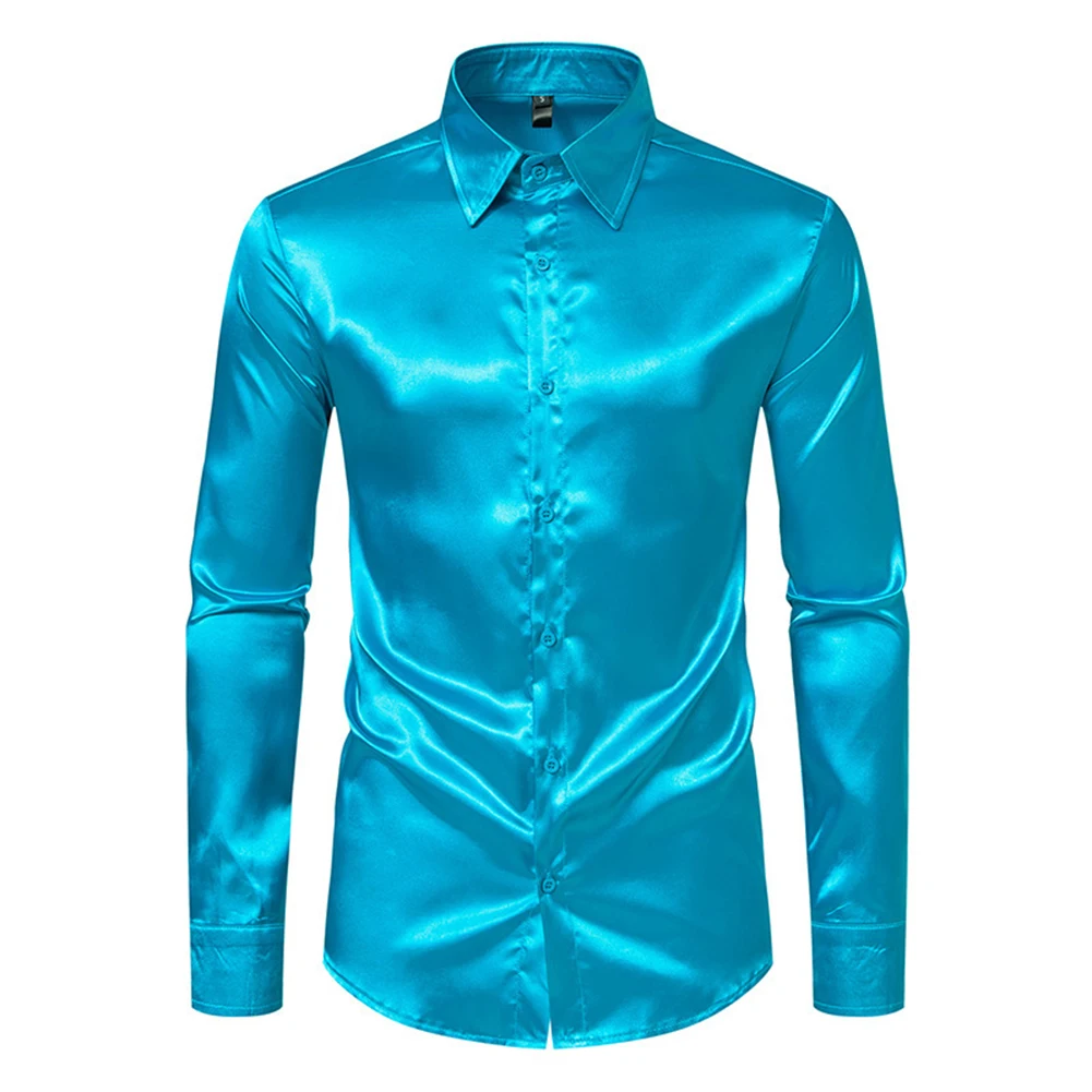 Men\'s Casual Satin Silk Shirts Single Breasted Button Lapel Collar Dress Shirt Slim Fit Fashion Party Long Sleeve Tops Clothing