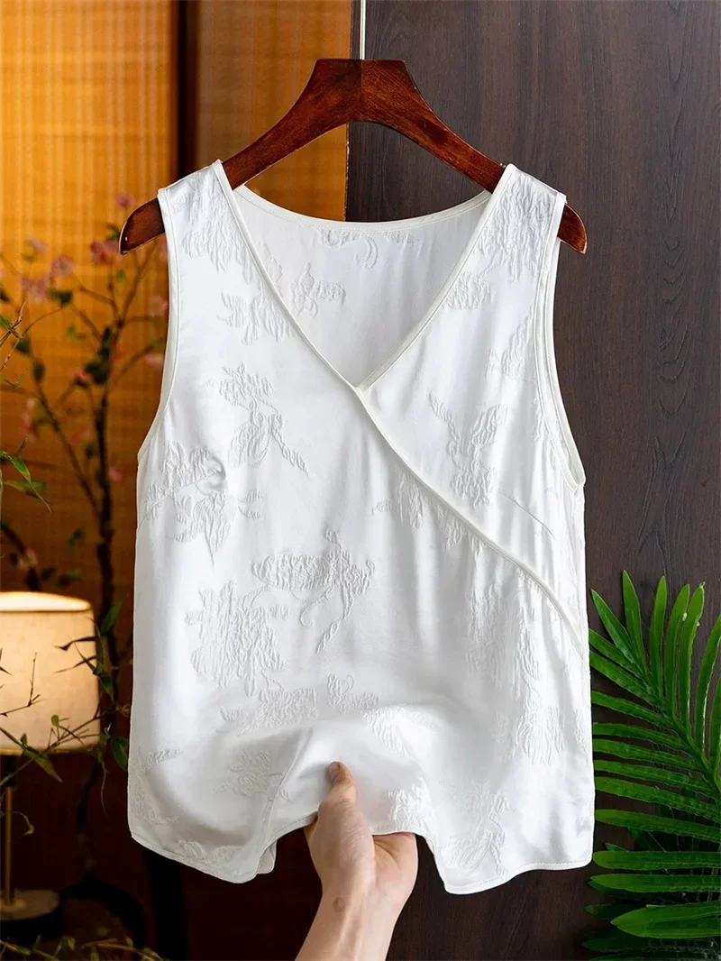 

Summer New Jaquared Vest Women Casual Soft Satin Sleeveless Loose Tank Comfortable Solid V Neck Flower Female Top