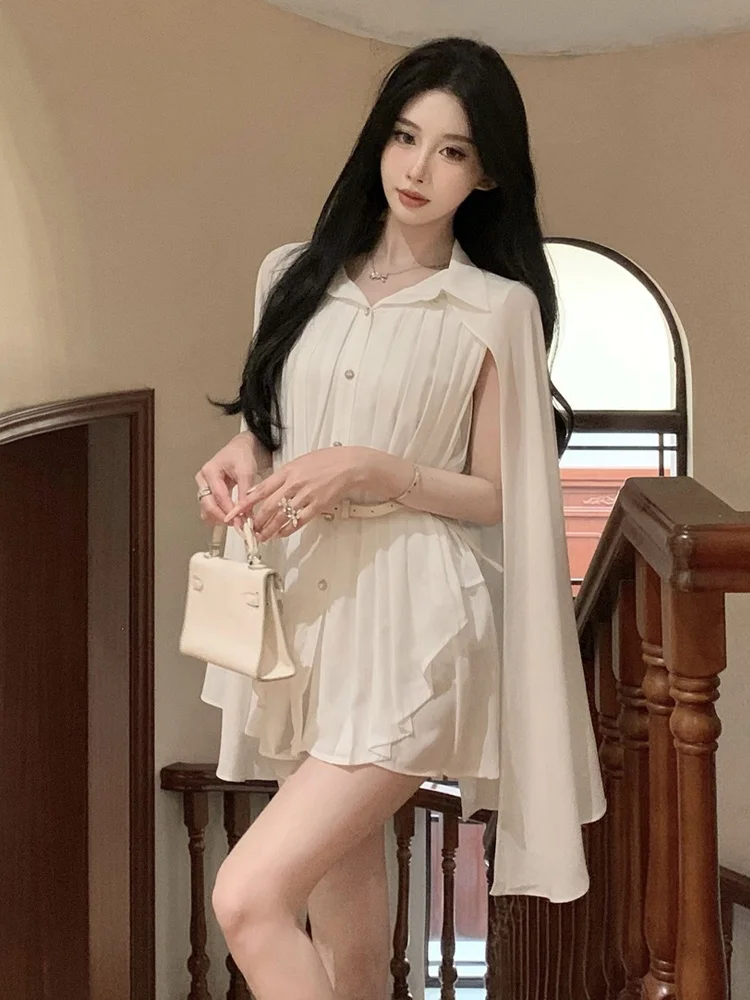 Ele White ort awl Coat Pleated Chiffon irt Design Waist-Cinching Belt Included French Sle Loose Fit Spring irt