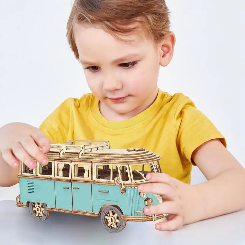 Rompecabezas de autobús de madera para niños, rompecabezas 3D de madera, modelo de autobús turístico, juguete artesanal de madera, rompecabezas de autobús turístico, modelo de ensamblaje, artesanía, Hobby